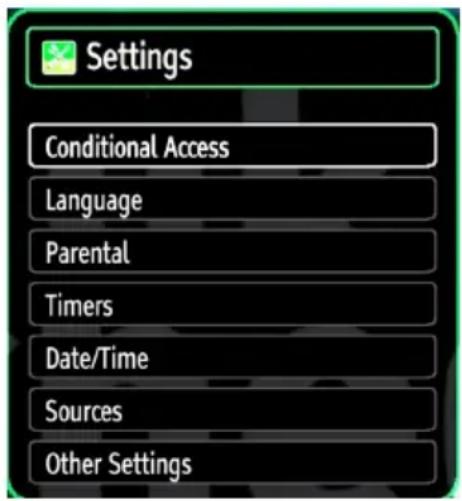 Settings Conditional Access Language Parental Timers Date/Time Sources Other Settings