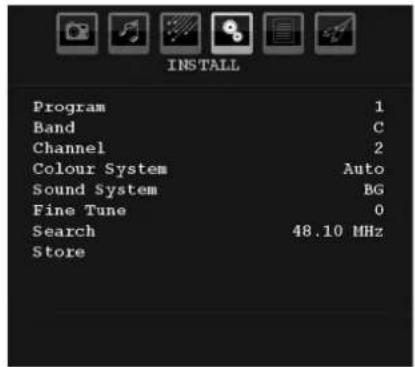 INSTALL Program 1 Band C Channel 2 Colour System Auto Sound System BG Fine Tune 0 Search 48.10 MHz Store