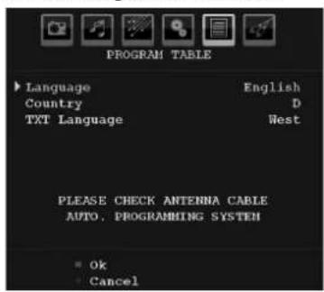 PROGRAM TABLE Language English Country D TXT Language West PLEASE CHECK ANTENNA CABLE AUTO, PROGRAMMING SYSTEM Ok Cancel