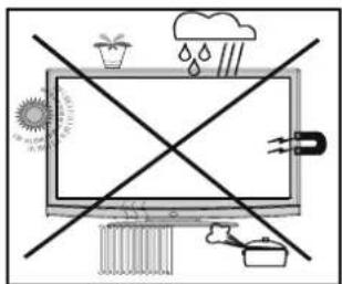 Diagram showing a computer monitor with raindrops, sun, and a battery, crossed out by two crossed lines indicating no protection or prohibition.