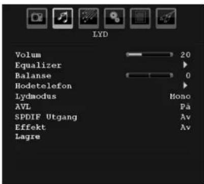 LYD Volum 20 Equalizer Balance 0 Hodetelefon Lydmodus Mono AVL Pa SPDIF Utgang Av Effekt Av Lagre