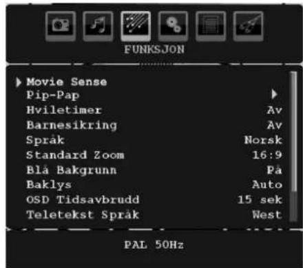 FUNKSJON Movie Sense Pip-Pap Hviletimer Barnesikring Språk Standard Zoom Blå Bakgrunn Baklys OSD Tidsavbrudd Teletekst Språk Av Norsk 16:9 På Auto 15 sek West PAL 50Hz