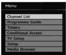 Menu Channel List Programme Guide Timers Conditional Access TV Setup Setup Media Browser