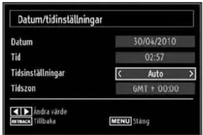 Datum/tidinställningar Datum 30/04/2010 Tid 02:57 Tidsinställningar < Auto > Tidszon GMT + 00:00 Andra värde RETRACK Tillbake MENU Stang