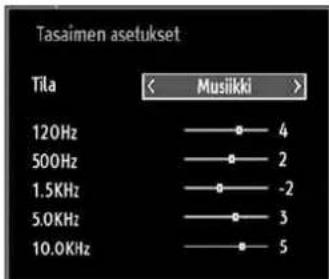 Tasaimen asetukset Tila < Musikki > 120Hz —— ● 4 500Hz —— ● 2 1.5KHz —— ● -2 5.0KHz —— ● 3 10.0KHz —— ● 5
