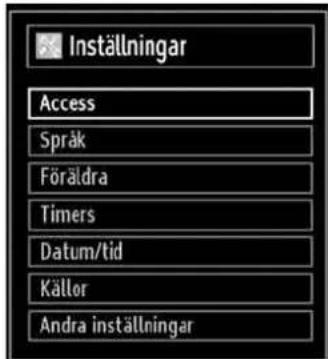 Inställningar Access Språk Föräldra Timers Datum/tid Källor Andra inställningar