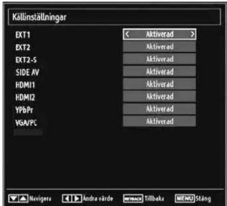 Källinställningar EXT1 EXT2 EXT2-S SIDE AV HDMI1 HDMI2 YPbPr VGA/PC Aktiverad > Aktiverad Aktiverad Aktiverad Aktiverad Aktiverad Aktiverad Aktiverad Aktiverad Navigera Andra värde Tillbaka MENU Stäng