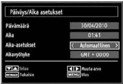 Päiväys/Aika asetukset Päivämärä 30/04/2010 Aika 01:41 Aika-asetukset < Automaitinen > Aikavyöhyke GMT + 00:00 Sekaa Muuta arvo MTBACK Takeisin MENU Ulos