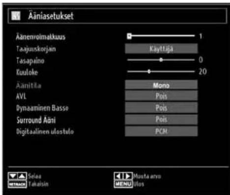 Ääniasetukset Äänenvoimakkuus Taajuuskorjain Tasapaino Kuuloke Äämitita AVL Dynaaminen Basso Surround Äni Digitalinen ulostulo 1 Kayttaja 0 20 Mono Pois Pois Pois PCM Selecta Takeisin Musta arrs MENU Pos