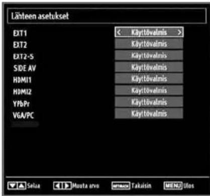 Lähteen asetukset EXT1 EXT2 EXT2-S SIDE AV HDMI1 HDMI2 YPbPr VGA/PC Käyttövalmis > Käyttövalmis Käyttövalmis Käyttövalmis Käyttövalmis Käyttövalmis Käyttövalmis Käyttövalmis Käyttövalmis Käyttövalmis Käyttövalmis Selua Muota arvo Takuisin MENU Ulos