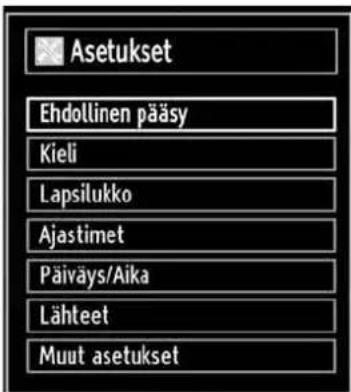Asetukset Ehdollinen pääsy Kieli Lapsilukko Ajastimet Päiväys/Aika Lähteet Muut asetukset