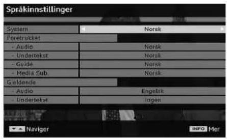 Språkinnstillinger System Norsk Foretrukter • Audio Norsk • Undertekat Norsk • Guide Norsk • Media Sub Norsk Gjeldende • Audio Engelsik • Undertekat Ingen Navigator INFO | Mer