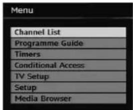 Menu Channel List Programme Guide Timers Conditional Access TV Setup Setup Media Browser