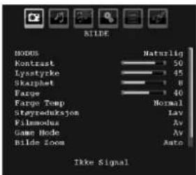 KILDE BODUS Naturlig Kontast 50 Lystyrke 45 Skapchat 8 Farge 40 Farge Temp Normal Stayreduksyon Lav Filmodus Av Game Mode Av Bilde Zoom Auto Ikke Signal
