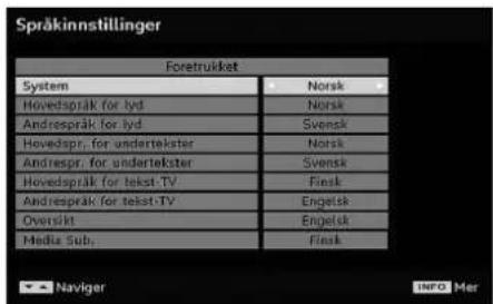 Språkinnstillinger Foretrukket System Norsk Hovedspråk for lyd Norsk Andrespråk for lyd Svensk Hovedspr. for undertekster Norsk Andrespr. for undertekster Svensk Hovedspråk for tekst-TV Flinsk Andrespråk for tekst-TV Engelsk Oversikt Engelsk Media Sub... Flinsk Navigator Info Mer