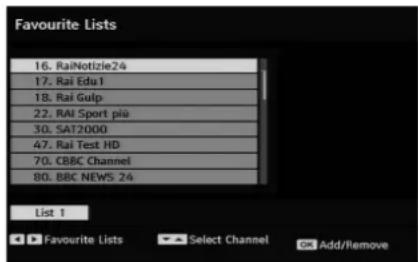 Favourite Lists 16. RaiNotizie24 17. Rai Edu1 18. Rai Gulp 22. RAI Sport più 30. SAT2000 47. Rai Test HD 70. CBBC Channel 80. BBC NEWS 24 List 1 Favourite Lists Select Channel Add/Remove
