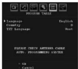 PROGRAM TABLE Language English Country D TNT Language Next PLEASE CHECK ANTERIOR CABLE AUTO. PROGRAMMING SYSTEM OK Cancel