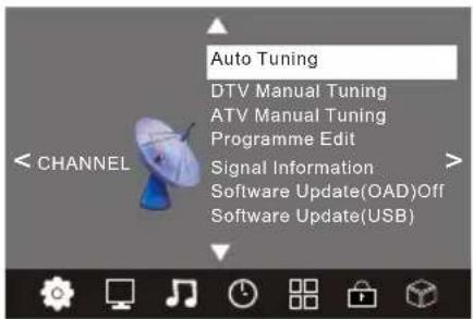 Auto Tuning DTV Manual Tuning ATV Manual Tuning Programme Edit Signal Information Software Update(OAD)Off Software Update(USB)