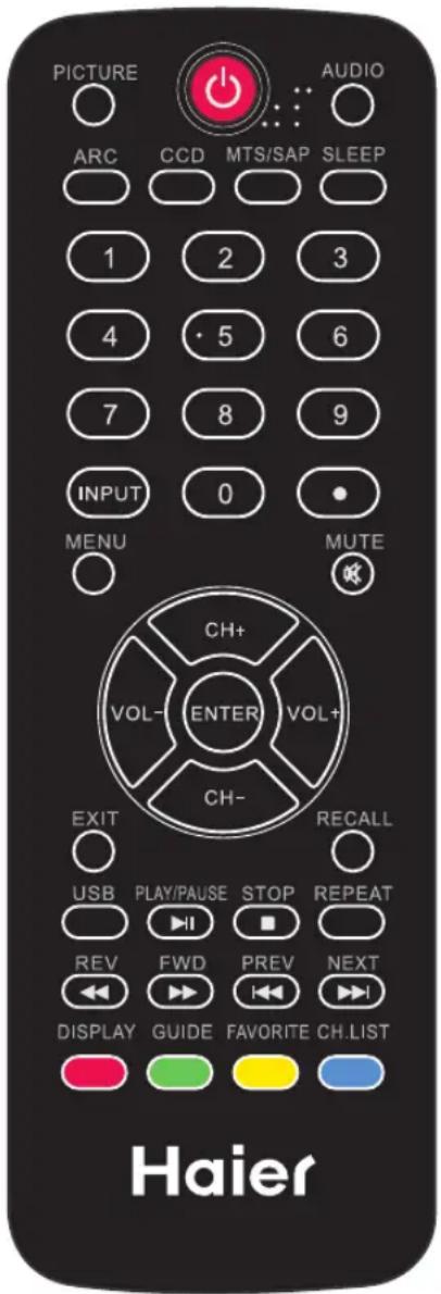 PICTURE ARC CCD MTS/SAP SLEEP 1 2 3 4 5 6 7 8 9 INPUT 0 MENU MUTE CH+ VOL- ENTER VOL+ CH- EXIT RECALL USB PLAY/PAUSE STOP REPEAT REV FWD PREV NEXT DISPLAY GUIDE FAVORITE CH.LIST Haier