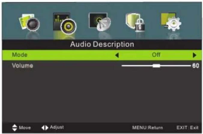 Audio Description Mode Off Volume 60 Move Adjust MENU:Return EXIT:Exit
