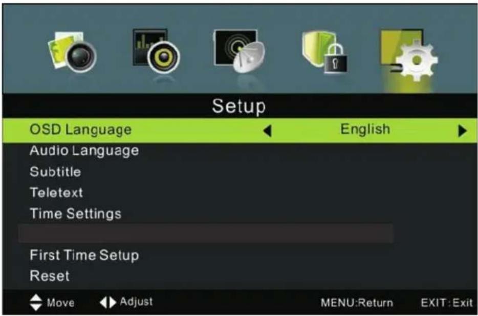 Setup OSD Language Audio Language Subtitle Teletext Time Settings First Time Setup Reset Move Adjust English MENU:Return EXIT:Exit