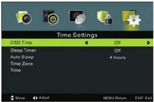 Time Settings OSD Time Off Sleep Timer Off Auto Sleep 4 hours Time Zone Time Move Adjust MENU:Return EXIT: Exit