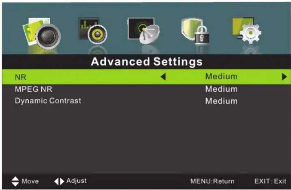 Advanced Settings NR Medium MPEG NR Medium Dynamic Contrast Medium Move Adjust MENU:Return EXIT:Exit