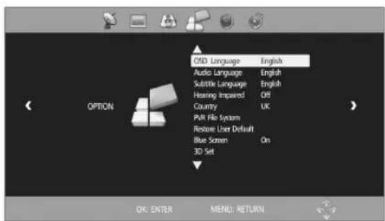 C5D Language Audio Language Subtle Language Hearing Impaired Country PWR File System Restore User Default Blue Screen 3D Set English English Off UK On OK: ENTER MENU: RETURN