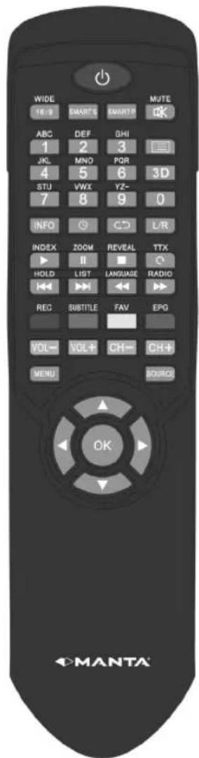 WIDE 16.9 SMARTS SMARTM MUTE ABC DEF GHI 1 2 3 JG MNO POR 4 5 6 3D STU VWX YZ- 7 8 9 0 INFO C D L/R INDEX ZOOM REVEAL TTX HOLD LIST LANGUAGE RADIO REC SUBTITLE FAV EPG VOL VOL CH CH+ MENU SOURCE OK MANTA