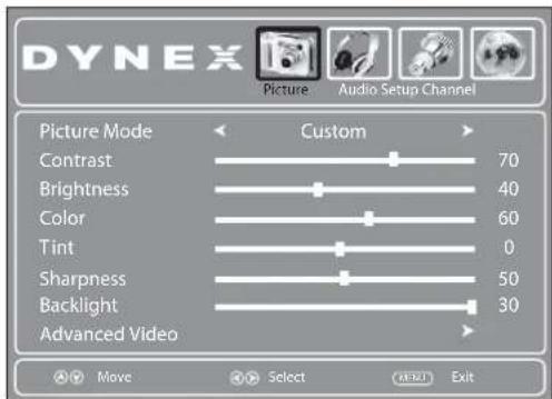DYNEX Picture Audio Setup Channel Picture Mode Custom Contrast 70 Brightness 40 Color 60 Tint 0 Sharpness 50 Backlight 30 Advanced Video Move Select OK/Cancel Exit