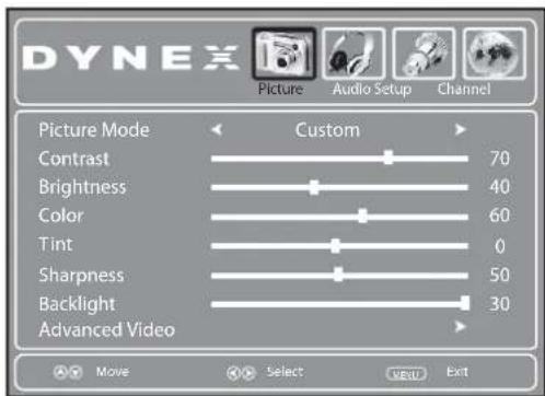 DYNEX Picture Audio Setup Channel Picture Mode Custom Contrast 70 Brightness 40 Color 60 Tint 0 Sharpness 50 Backlight 30 Advanced Video Movie Select MENU Exit
