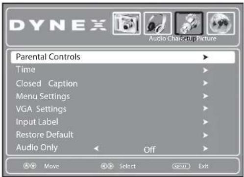 DYNEX Audio Cha setup Picture Parental Controls Time Closed Caption Menu Settings VGA Settings Input Label Restore Default Audio Only Off Move Select 05:31 Exit