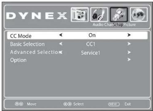 DYNEX Audio Chair Setup Picture CC Mode On Basic Selection CC1 Advanced Selection Service1 Option Move Select END Exit