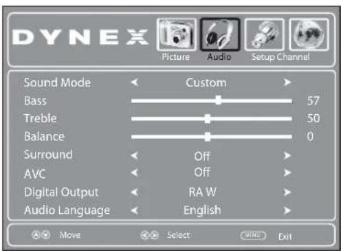DYNEX Picture Audio Setup Channel Sound Mode < Custom > Bass 57 Treble 50 Balance 0 Surround Off > AVC Off > Digital Output RA W > Audio Language English > Move Select Exit