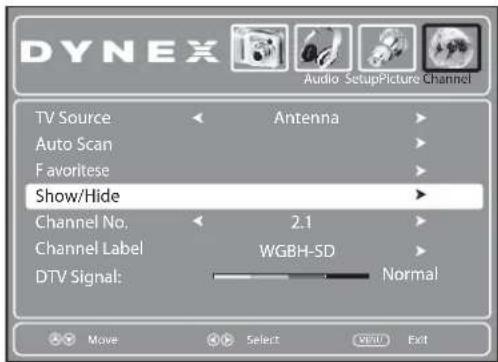 DYNEX Audio SetupPicture Channel TV Source Antenna Auto Scan Favoritese Show/Hide Channel No. 2.1 Channel Label WGBH-SD DTV Signal: Normal Move Select OK Exit