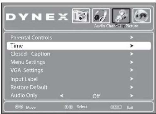 DYNEX Audio Chart Setup Picture Parental Controls Time Closed Caption Menu Settings VGA Settings Input Label Restore Default Audio Only Off Move Select Exit