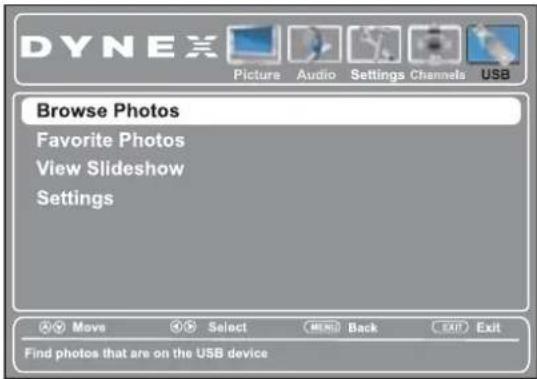 DYNEX Picture Audio Settings Channels USB Browse Photos Favorite Photos View Slideshow Settings Move Select Merge Back Exit Exit Find photos that are on the USB device