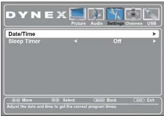 DYNEX Picture Audio Settings Channels USB Date/Time Sleep Timer Off Move Select MENU Back EXIT Exit Adjust the date and time to get the correct program times.
