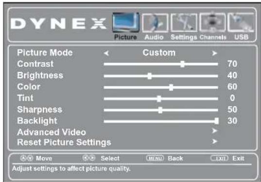 DYNEX Picture Audio Settings Channels USB Picture Mode Custom Contrast 70 Brightness 40 Color 60 Tint 0 Sharpness 50 Backlight 30 Advanced Video Reset Picture Settings Move Select MENU Back EXIT Exit Adjust settings to affect picture quality.