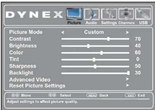 DYNEX Picture Audio Settings Channels USB Picture Mode Custom Contrast 70 Brightness 40 Color 60 Tint 0 Sharpness 50 Backlight 30 Advanced Video Reset Picture Settings Move Select MENU Back EXIT Exit Adjust settings to affect picture quality.