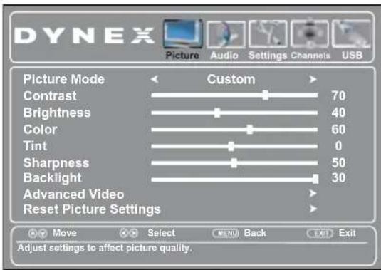 DYNEX Picture Audio Settings Channels USB Picture Mode Custom Contrast 70 Brightness 40 Color 60 Tint 0 Sharpness 50 Backlight 30 Advanced Video Reset Picture Settings Move Select MENU Back EXIT Exit Adjust settings to affect picture quality.