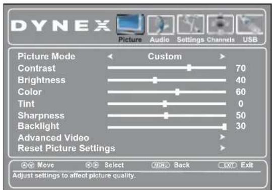 DYNEX Picture Audio Settings Channels USB Picture Mode Custom Contrast 70 Brightness 40 Color 60 Tint 0 Sharpness 50 Backlight 30 Advanced Video Reset Picture Settings Move Select MENU Back EXIT Exit Adjust settings to affect picture quality.
