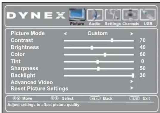 DYNEX Picture Audio Settings Channels USB Picture Mode Custom Contrast 70 Brightness 40 Color 60 Tint 0 Sharpness 50 Backlight 30 Advanced Video Reset Picture Settings Move Select MENU Back EXIT Exit Adjust settings to affect picture quality.