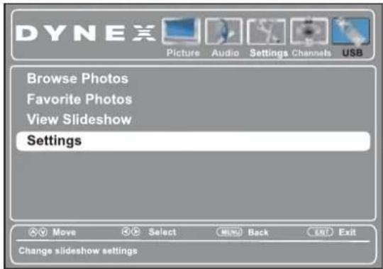 DYNEX Picture Audio Settings Channels USB Browse Photos Favorite Photos View Slideshow Settings Move Select None Back Exit Exit Change slideshow settings