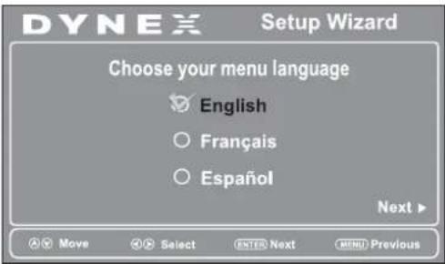 DYNEX Setup Wizard Choose your menu language English Français Español Next > Move Select ENTER Next MENU Previous
