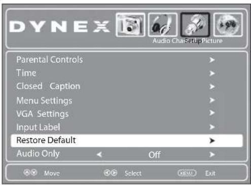 DYNEX Audio Cha Setup Picture Parental Controls Time Closed Caption Menu Settings VGA Settings Input Label Restore Default Audio Only Off Move Select MENU Exit
