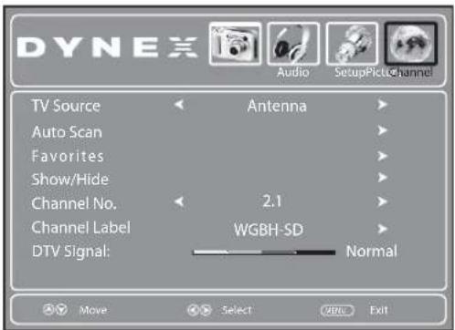DYNEX Audio SetupPictChannel TV Source Antenna Auto Scan Favorites Show/Hide Channel No. 2.1 Channel Label WGBH-SD DTV Signal: Normal Move Select ABC Exit