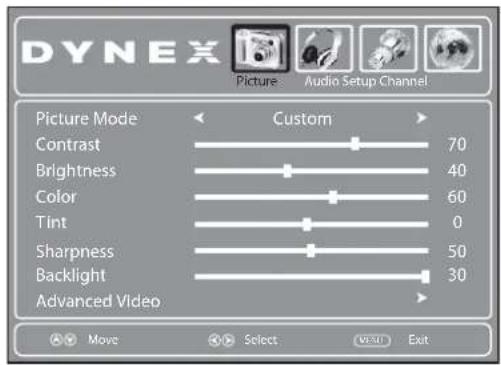 DYNEX Picture Audio Setup Channel Picture Mode Custom Contrast 70 Brightness 40 Color 60 Tint 0 Sharpness 50 Backlight 30 Advanced Video Move Select Exit