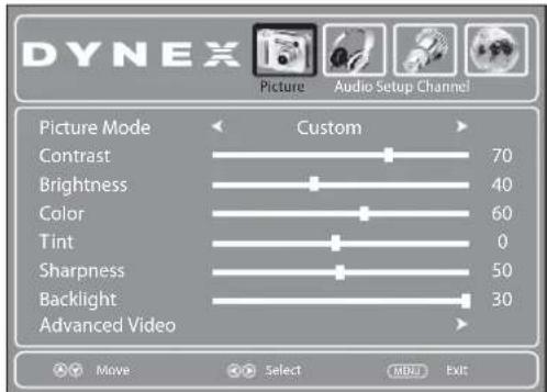 DYNEX Picture Audio Setup Channel Picture Mode Custom Contrast 70 Brightness 40 Color 60 Tint 0 Sharpness 50 Backlight 30 Advanced Video Move Select MENU Exit