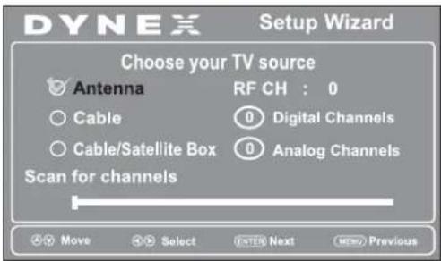 DYNEX Setup Wizard Choose your TV source Antenna RF CH : 0 Cable Digital Channels Cable/Satellite Box Analog Channels Scan for channels Move Select Enter Next MENU Previous
